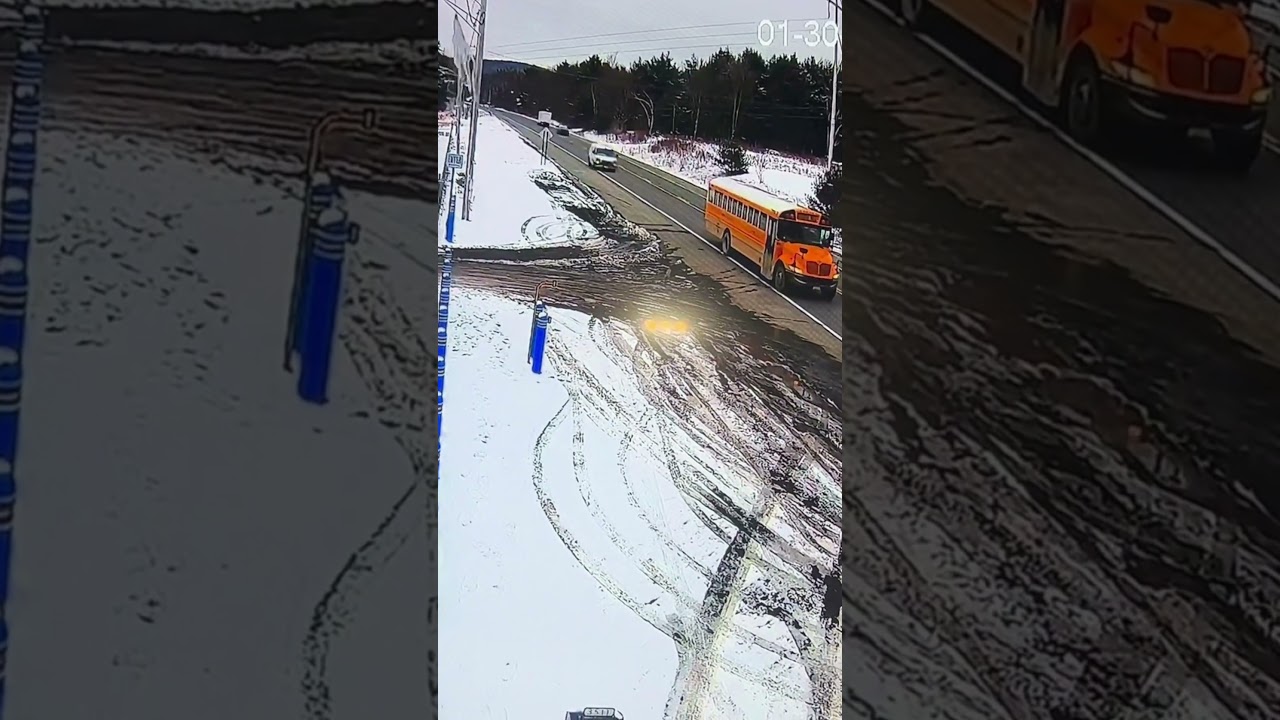 Van nearly strikes stopped school bus, crashes into vehicle, trees