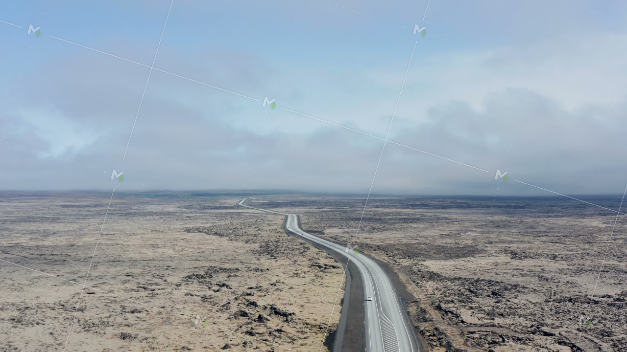 Aerial view gently rising over Ring Road, the most important highway in Iceland. Drone view showing