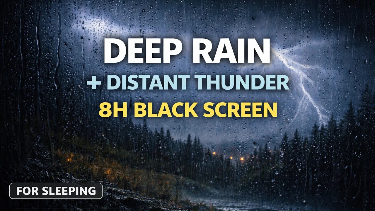 (No-Ads) Deep Rain on Window with Distant Thunder, Night Rain Sounds, Black Screen 8H