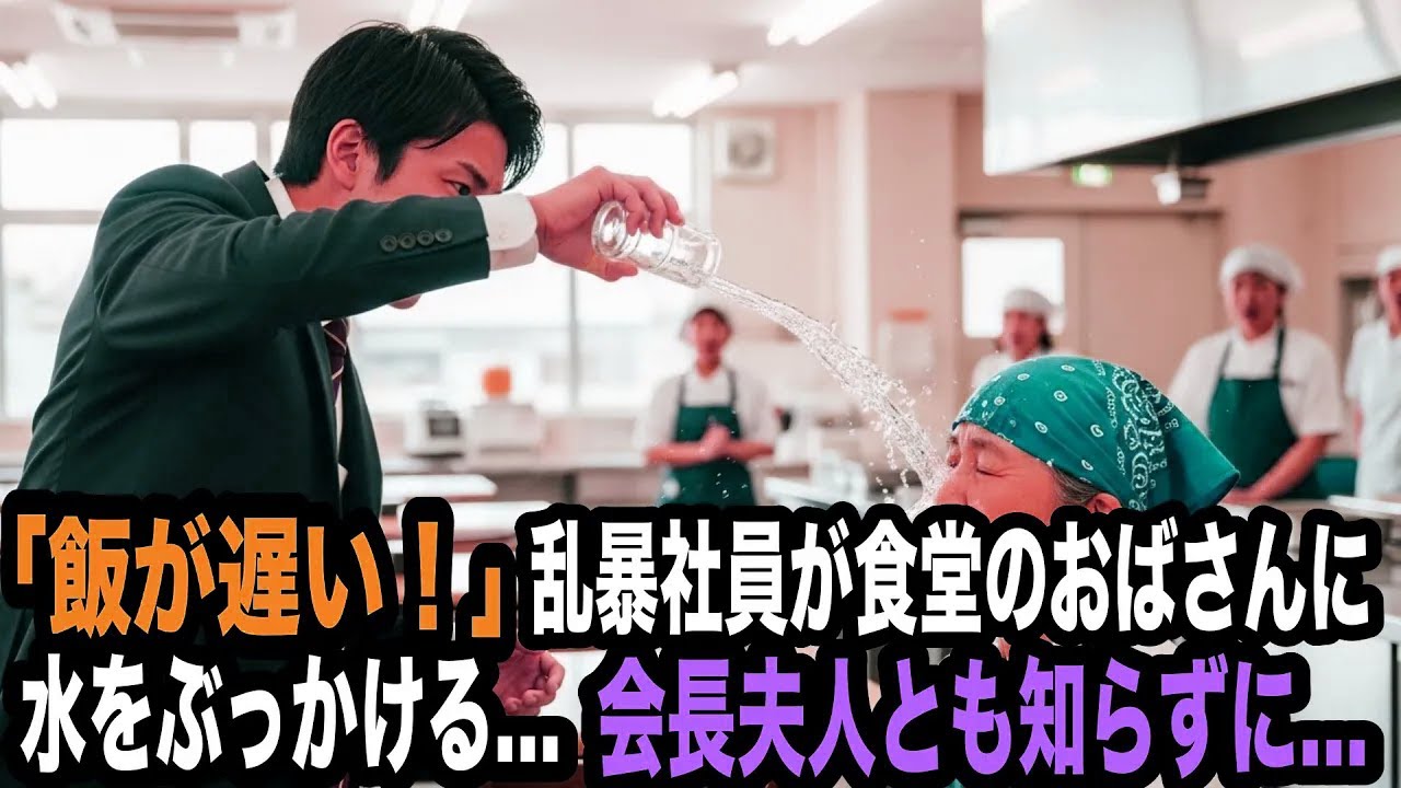 「遅いんだよ！」乱暴社員が食堂のおばさんに水をぶっかける…月に１度だけ出勤する会長夫人と知らずに…