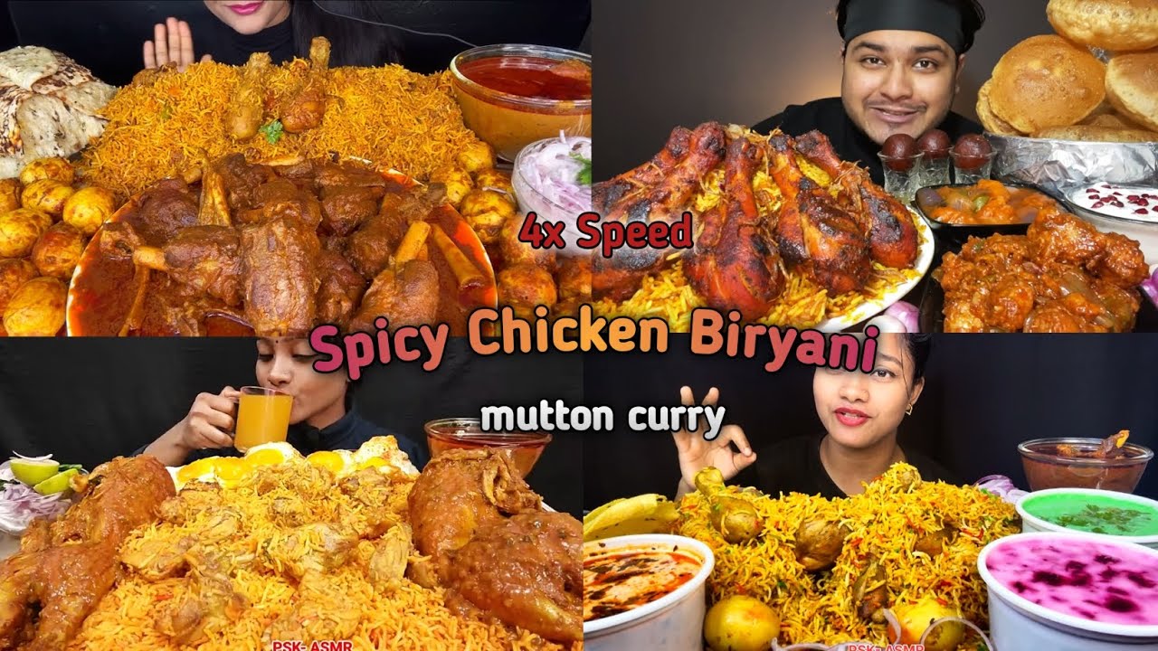 ASMR:Eating Spicy Chicken Biryani leg 🍗🤤mutton curry, raita fry egg, puri gravy, eating, mukbang