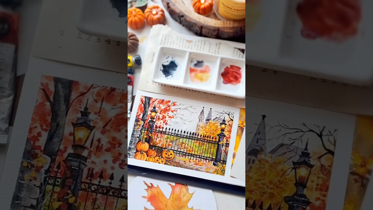 Autumn Watercolor Painting | Cozy Fall Scene with Pumpkins #halloween #autumn #autumnart #art