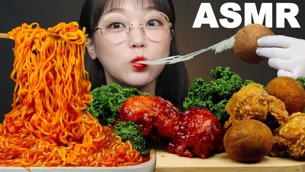 ASMR Еда Острая лапша🔥 и жареная курица | SPICY FIRE NOODLE & CHICKEN MUKBANG | SUB | AeJeong ASMR