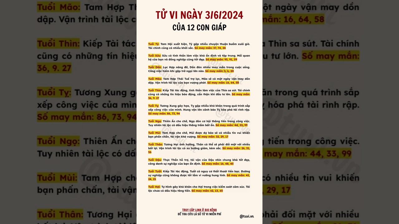 Tử vi ng&agrave;y 3/6 #tuvivn #tuvivietnam #phongthuy #tamlinh #tuvi2024 #tuvingaymoi #tuvi12congiap