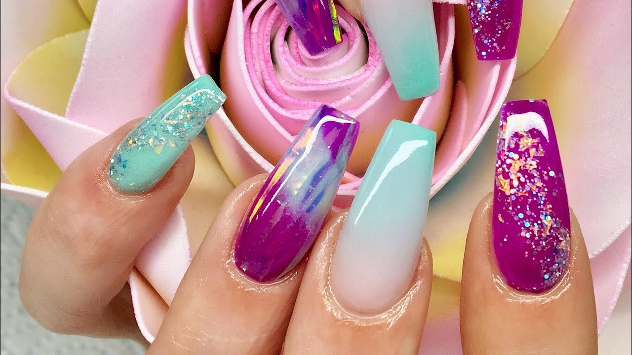 Acrylic Nails | Mint Green And Purple Nails | Angel Paper