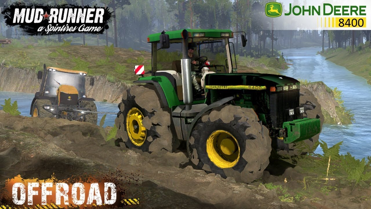 Spintires: MudRunner - JOHN DEERE 8400 Pulls out of the River JCB Tractor