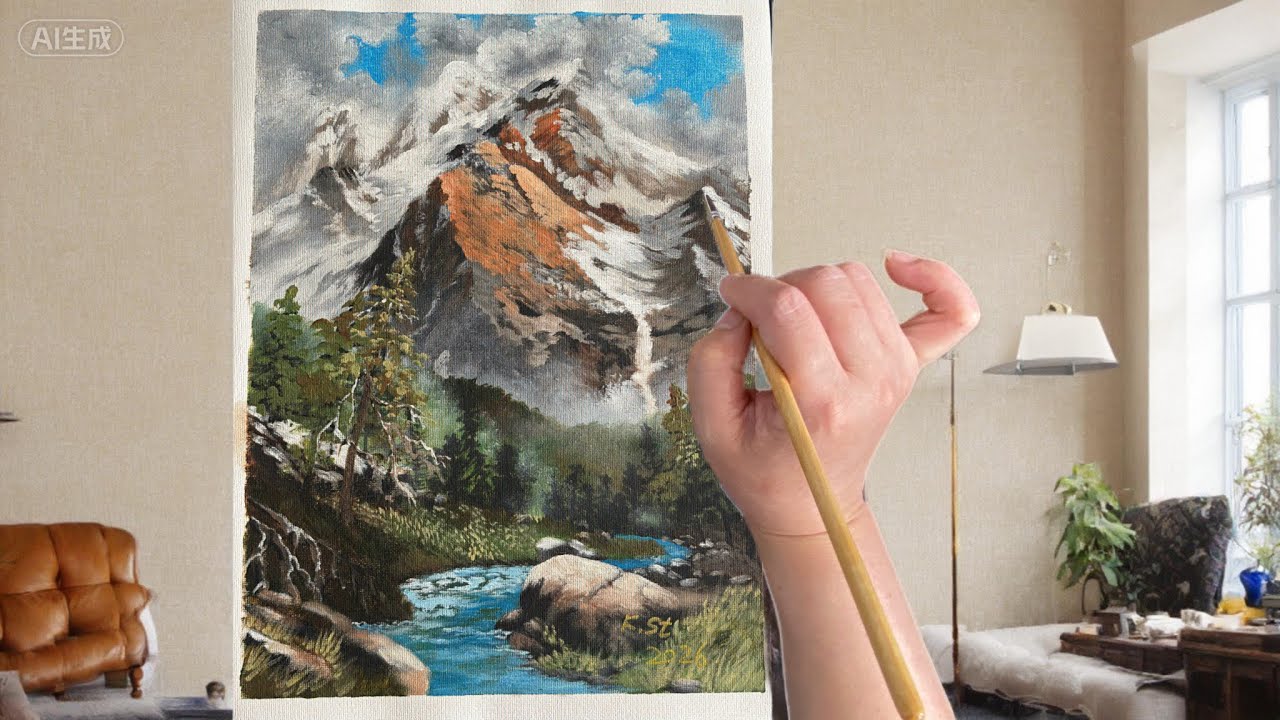How to paint Snow covered Mountain/#029/Acrylic/Summer Landscape Painting