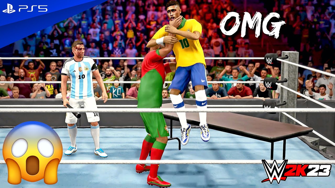 WWE 2K23 - Messi & Cristiano vs Mbappe & Haaland vs Neymar & Vinicius - Triple Threat Tag Team Match