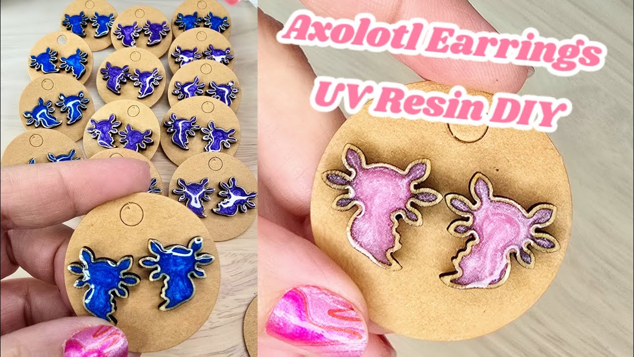Making Bulk Pink Axolotl Studs for Party Favors using UV Resin and Wooden Bezels!