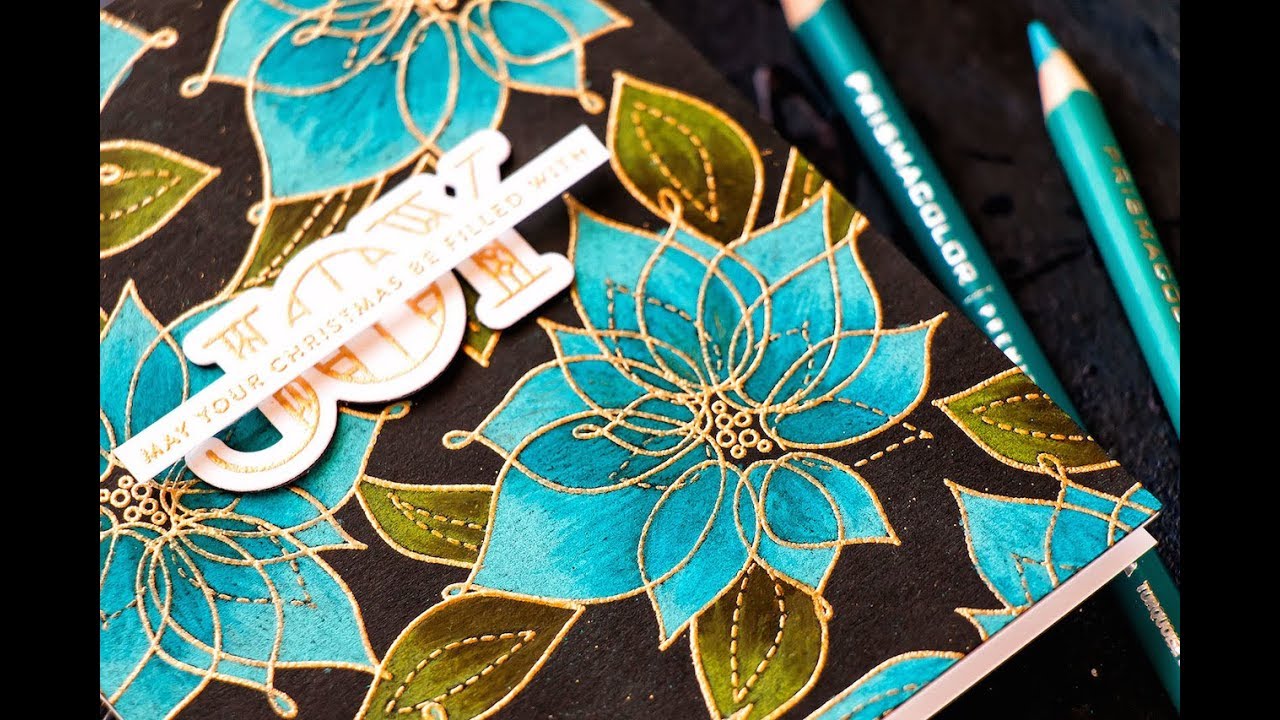 Yippee for Yana: Blue Poinsettias on Black with Prismacolor Pencils
