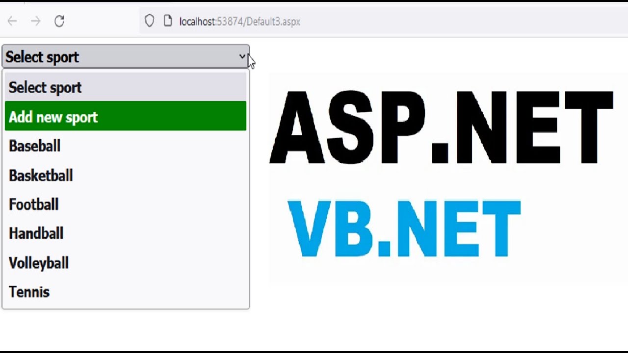 ASP.Net VB tutorial: Add new item to DropDownlist with style using SQL query and without query SQL
