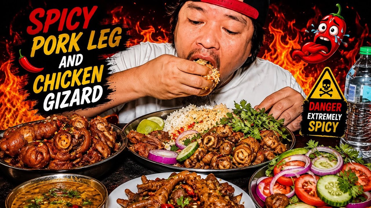 SPICY PORK LEGS,CHICKEN GIZZARDS MUKBANG #kabirmukbangvideo #food #mukbang 