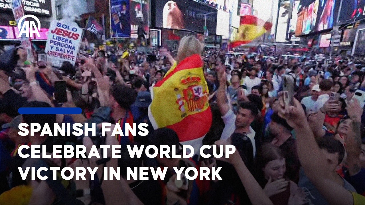 Spanish fans celebrate in New York&rsquo;s Times Square after Spain win 2026 FIFA World Cup