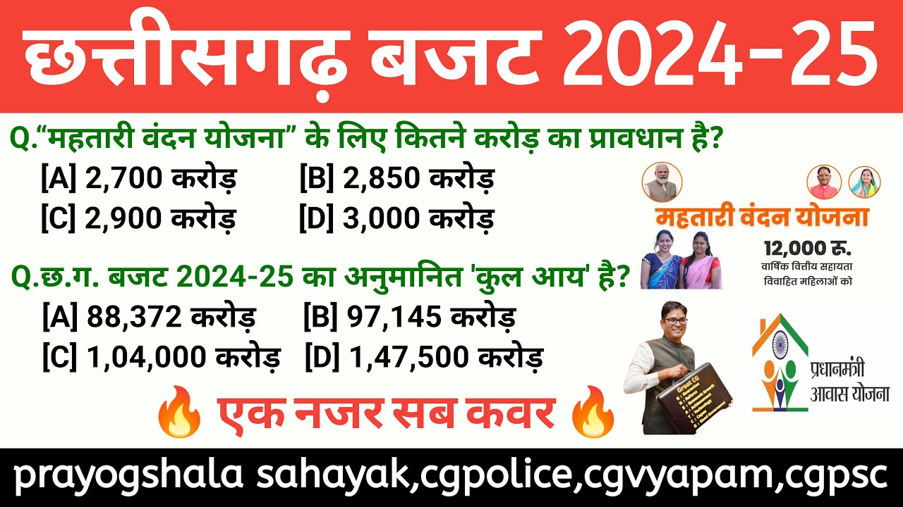 छत्तीसगढ़ बजट 2024-25 || CG BUDGET 2024-25 MCQ || CGPOLICE, CGVYAPAM, CGPSC