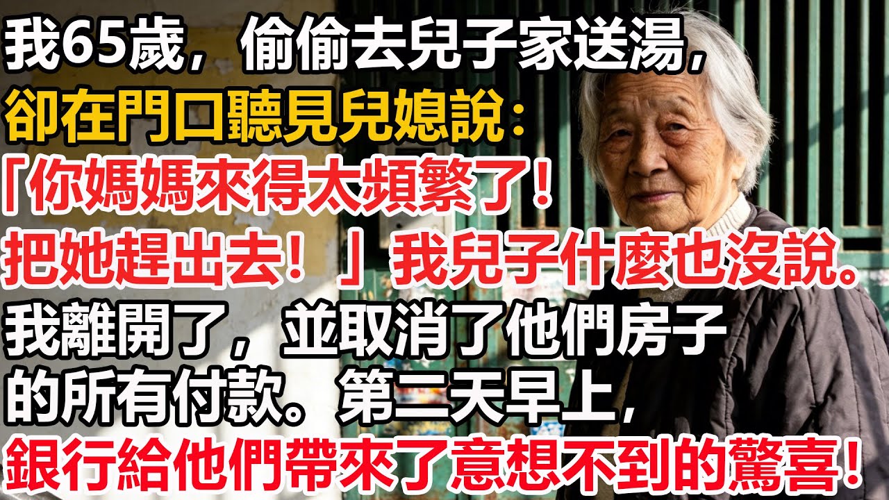 【我65歲】偷偷去兒子家送湯，卻在門口聽見兒媳說：「你媽媽來得太頻繁了！把她趕出去！」我兒子什麼也沒說。我離開了，並取消了他們房子的所有付款。第二天早上，銀行給他們帶來了意想不到的驚喜！