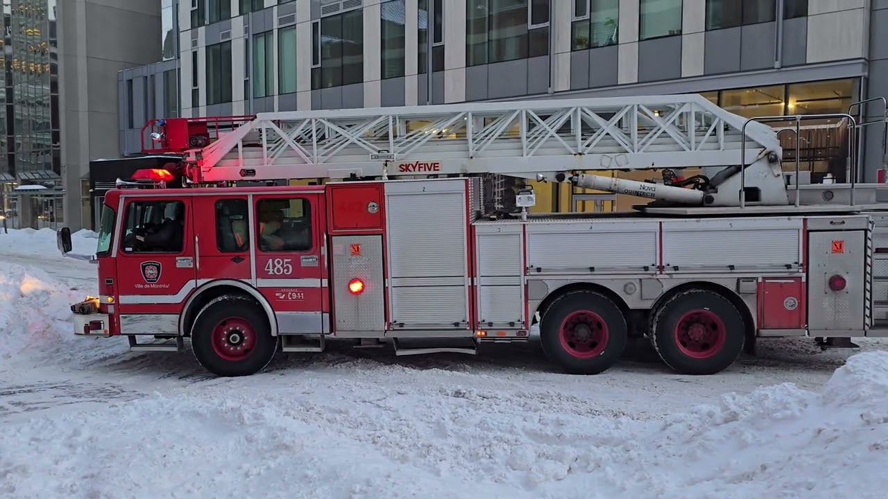 🚒 Montreal Fire Department truck 485: 1996 Spartan Gladiator / NovaQUINTECH ladder response in snow
