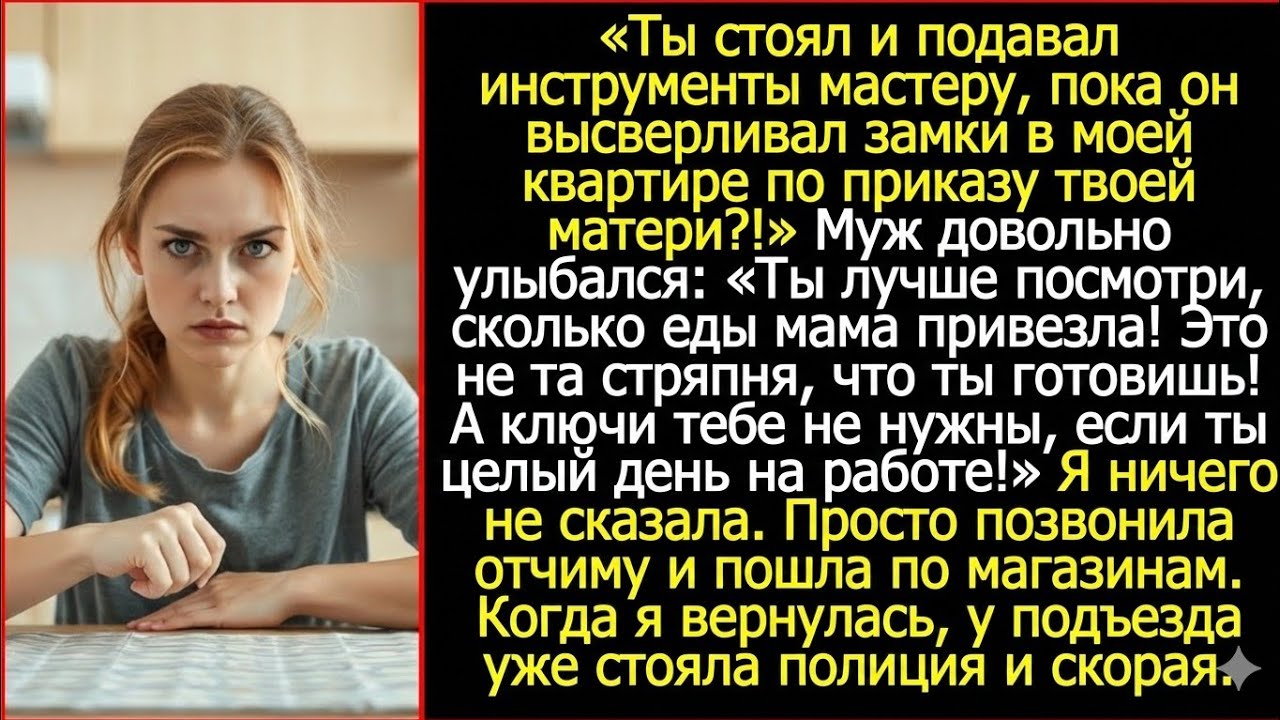 Ты просто стоял и смотрел, пока мастер высверливал замки в моей квартире по приказу твоей мамы?!