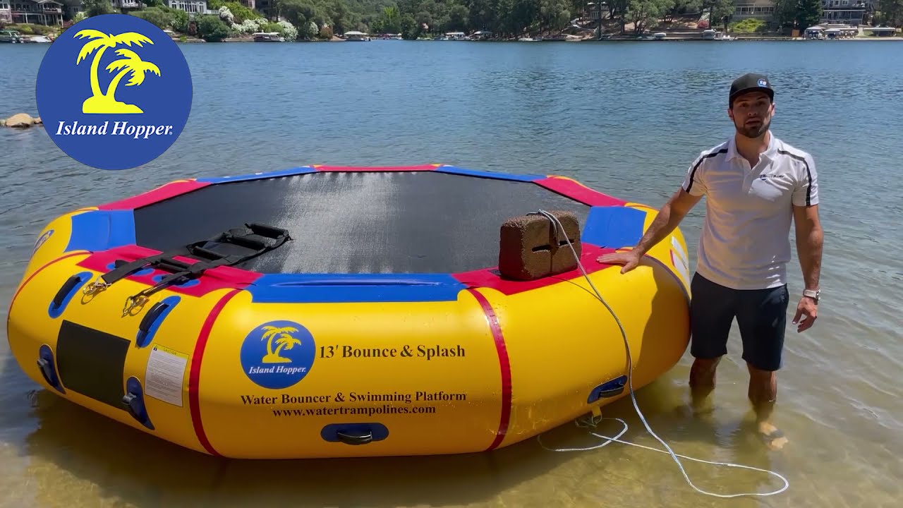Anchoring Island Hopper water trampoline and water bouncer