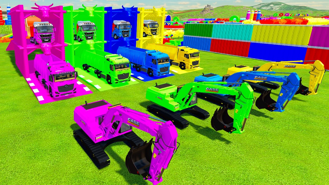 Colorful trucks - ALL COLORFUL CASE EXCAVATOR, MERCEDES TIPPER TRUCK TRANSPORTING WITH TRAILER TRUCK