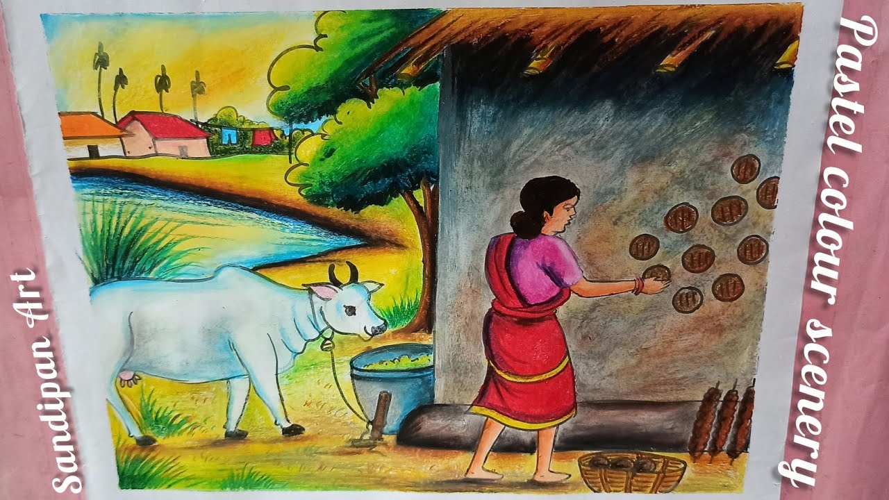 Easy village scenery drawing with oil pastel colours step by step || Sandipan Art