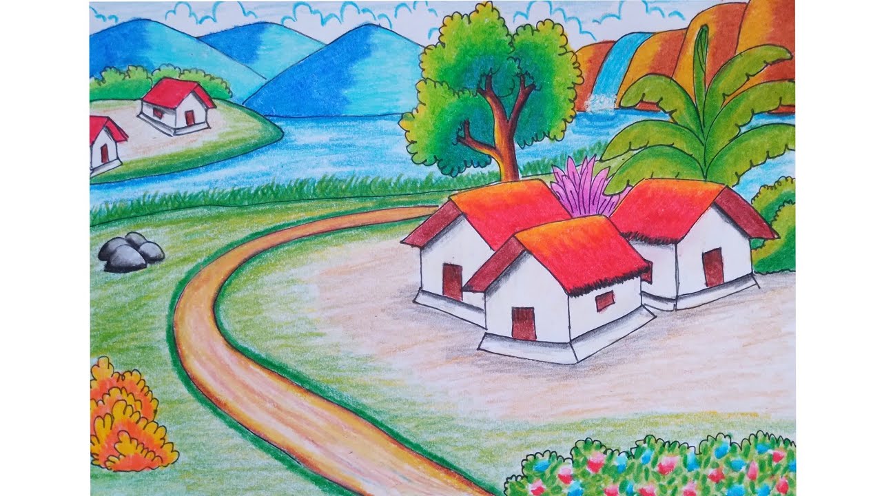How do draw a village scenery step by step | Beautiful landscape and waterfall easy drawing