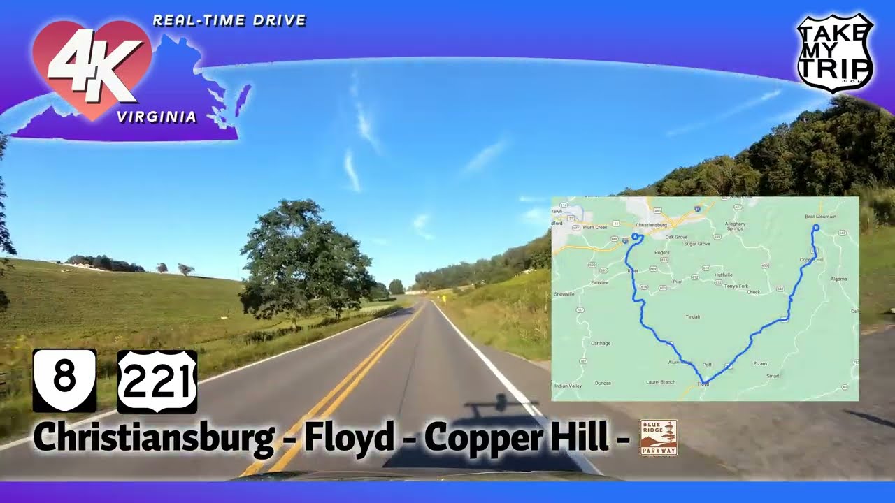 Virginia Route 8, US 221 through Riner, Floyd, to the Blue Ridge Parkway, scenic drive in 4K