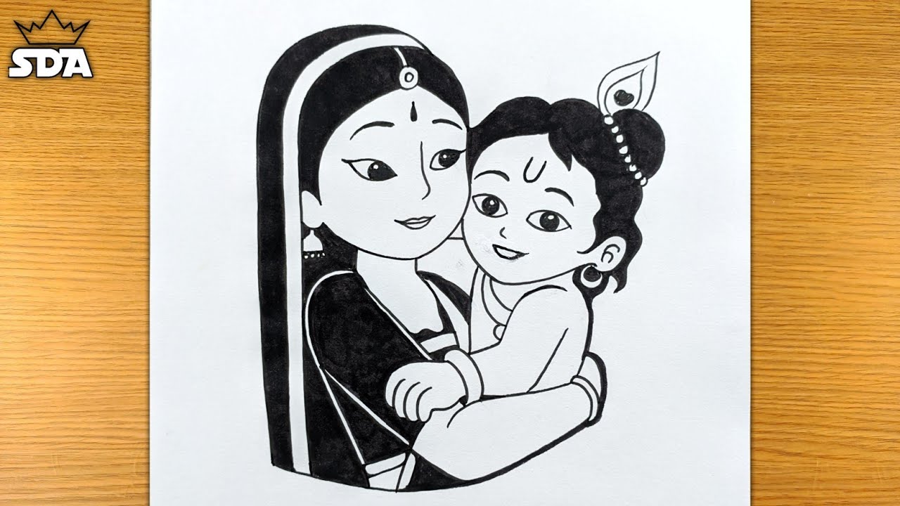 How to Draw Little Krishna with Maa Yashoda || Krishna and Yashoda Drawing for beginners