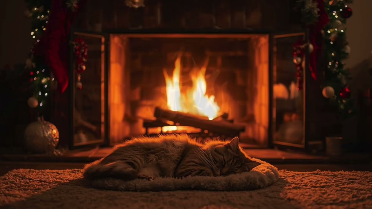 🎄🐾 your cute cat is purring next to the fireplace | fire crackling & cat purrs asmr 