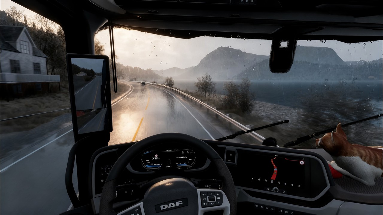 Realistic Rainy Truck Drive Through Nordic Horizons With a Sleeping Cat | ETS2
