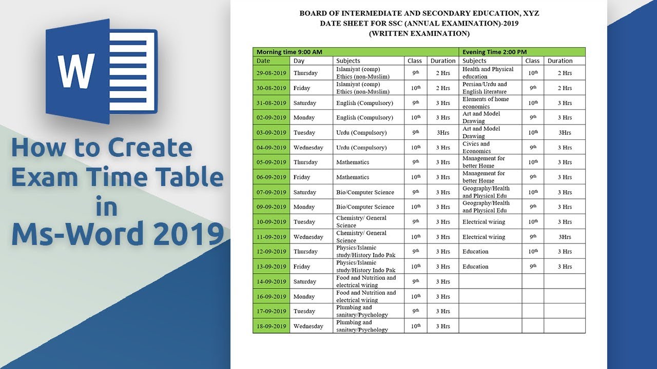 How to create Exam time table in ms word 2019