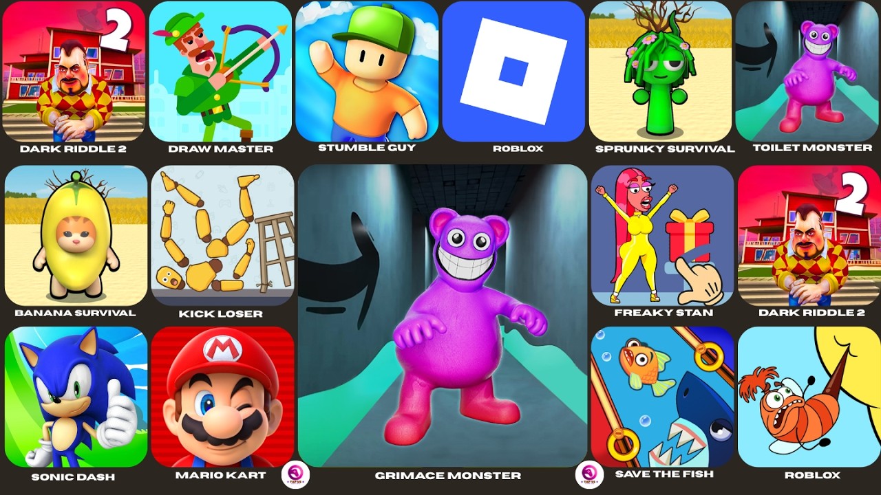 Grimace Monster Scary Survival,Poppy Playtime 4,Save The Fish,Talking Tom,Bowmaster,Tom Friends