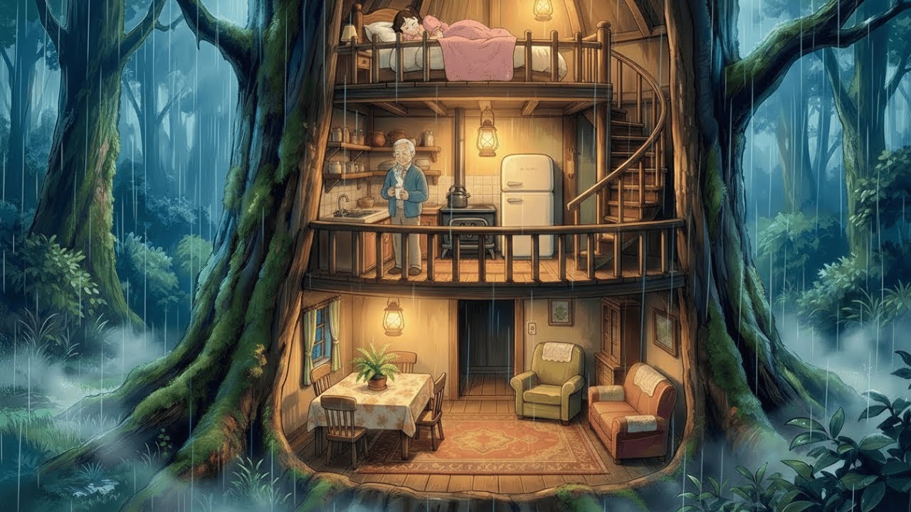 Living With Grandparents In A Tree Trunk During Storm In Forest 🪵⛈ Studio Ghibli Style