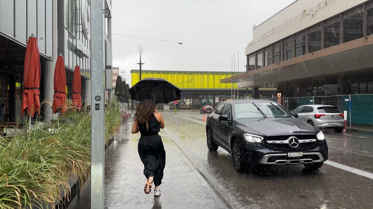 Heavy Summer Rain in Zurich City 4k 🇨🇭 Oerlikon Rain Walk 2023 - Binaural Rain Sounds