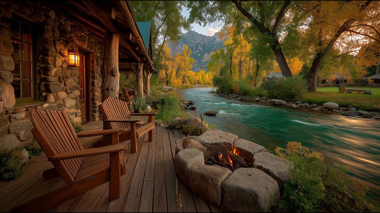 Relaxing Spring Riverside Porch Ambience with bird calls and campfire at Sunset | Cozy Ambience