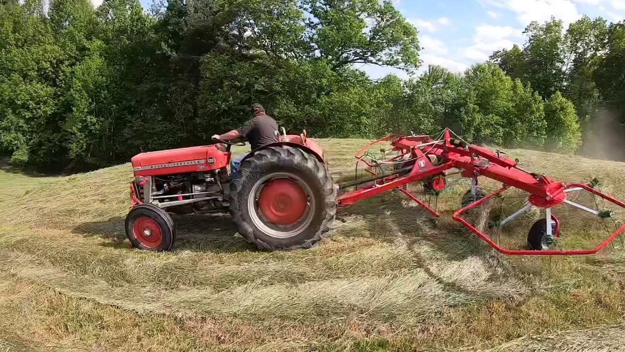 Massey Ferguson 135, 4 basket Tedder, steep ground & cutting more hay!