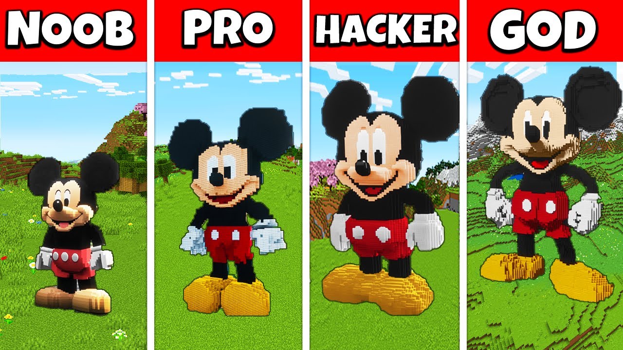 Minecraft Mickey Mouse STATUE HOUSE Build Challenge - NOOB vs PRO vs HACKER vs GOD / Animation