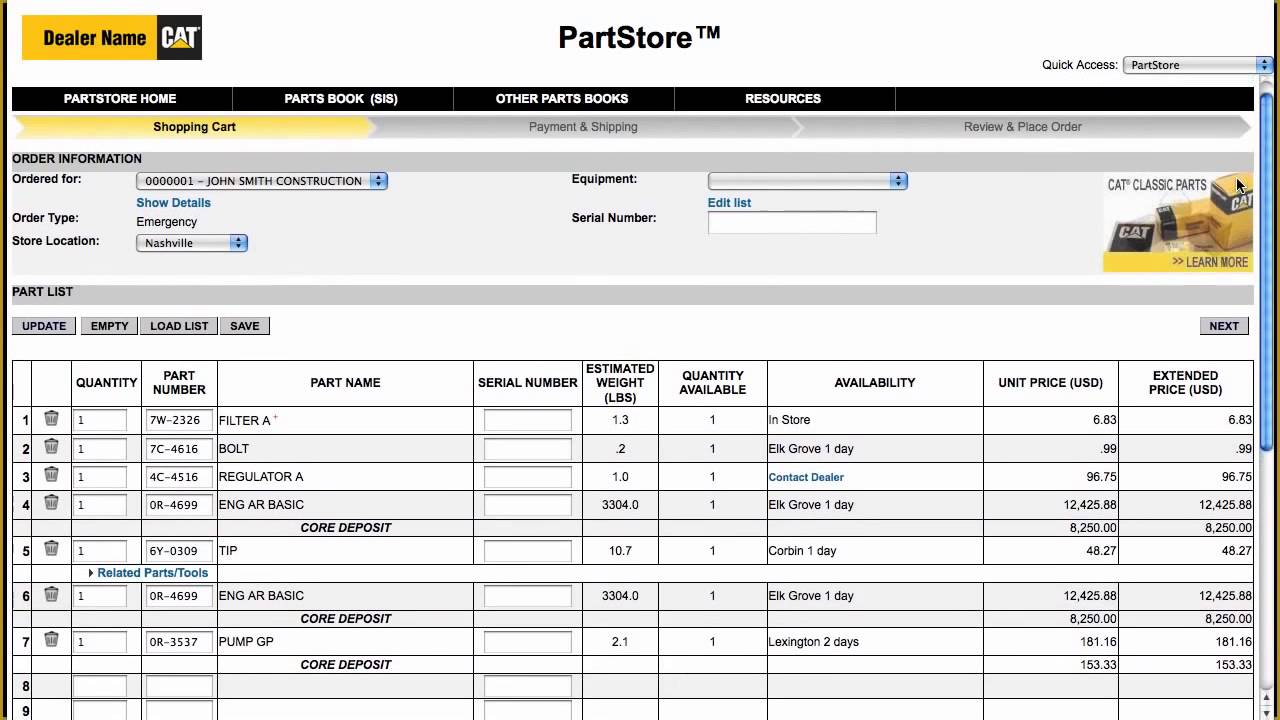 Cat Online PartStore - Ordering Parts