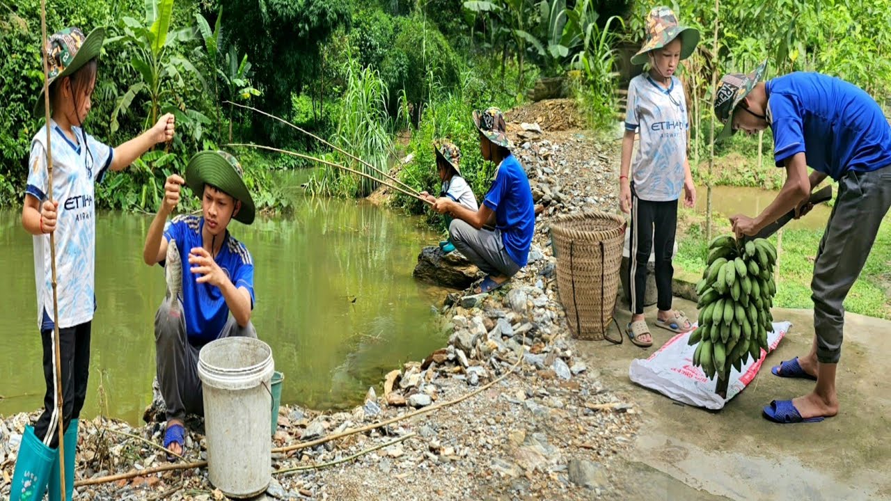 Two orphans. Harvest bananas and go fishing in the river to improve their meals.