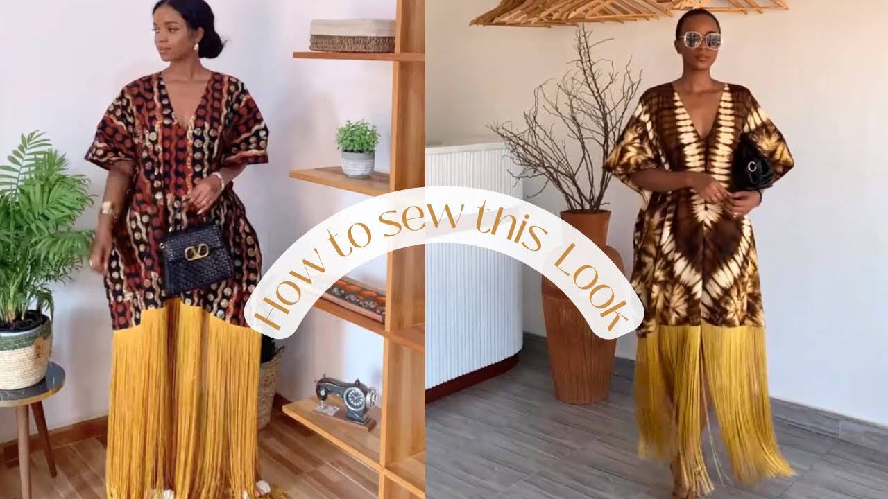 How to cut and sew a Stylish Bubu Kaftan dress with a trendy fringe design and V neckline