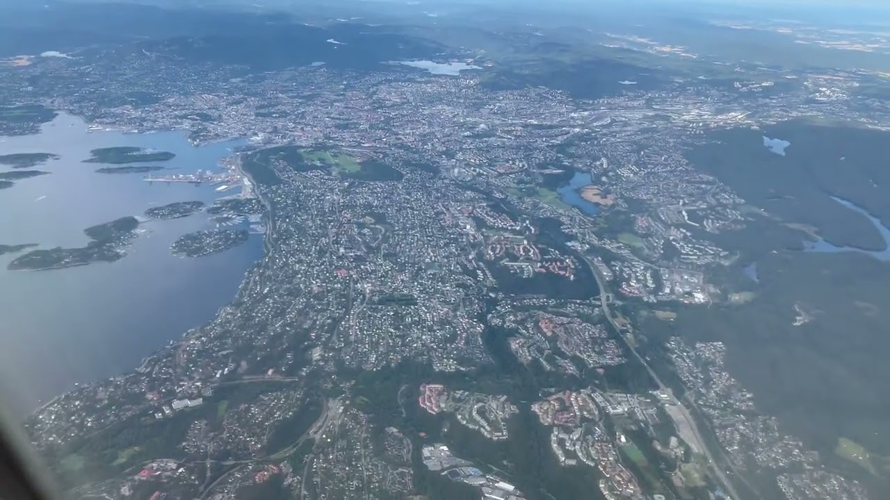 Přílet do Norska nad Oslo, směr letiště Gardermoen. Norway, arrival over Oslo, Gardermoen Airport.
