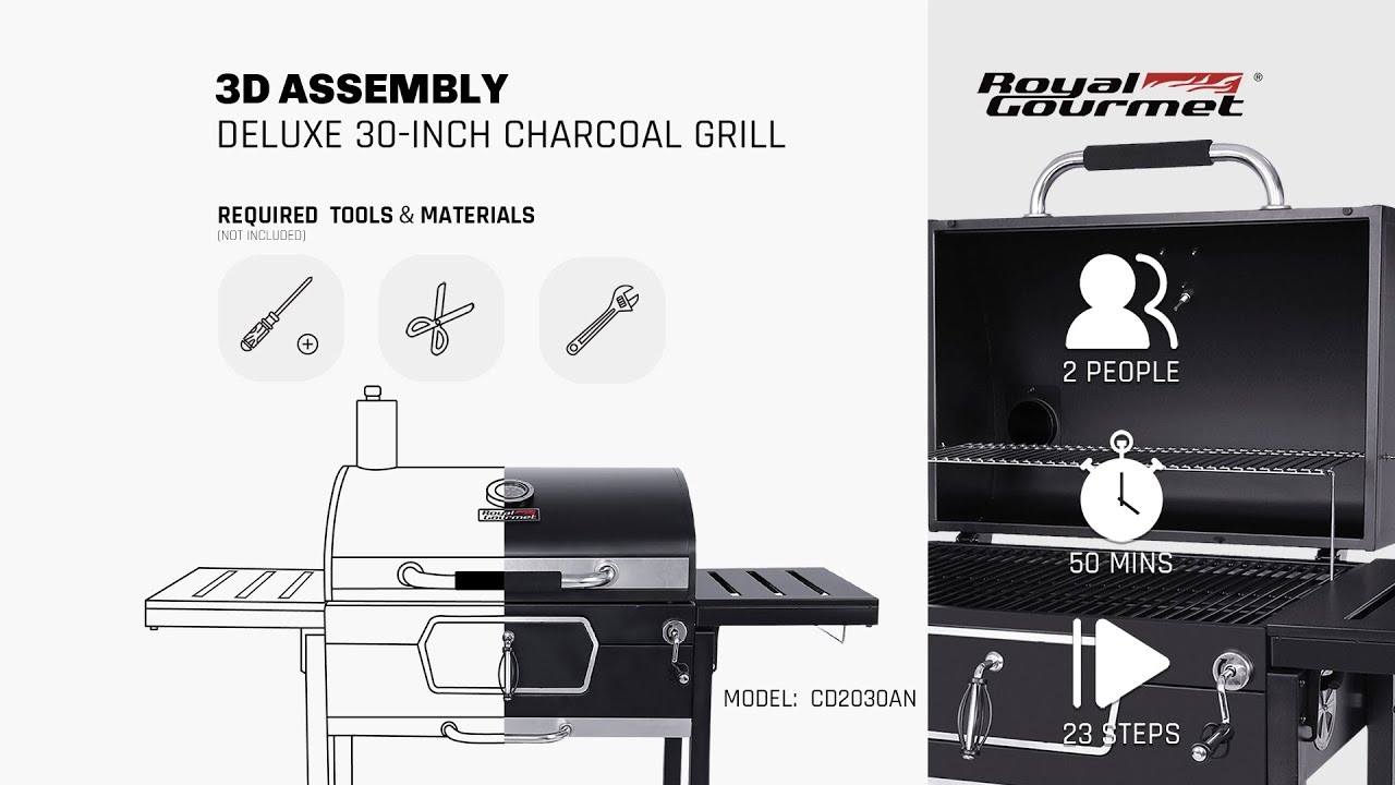 Royal Gourmet® CD2030AN Deluxe 30-Inch Charcoal Grill | 3D Assembly Instructions