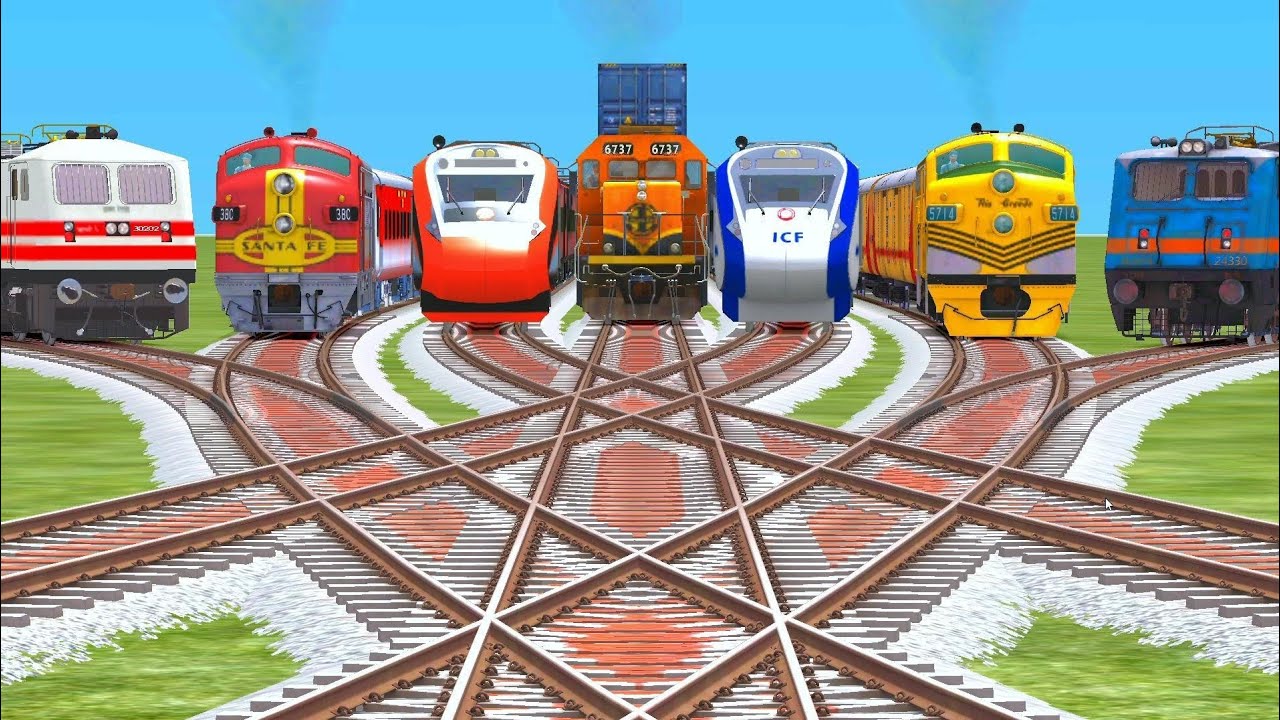 SEVEN TRAINS CROSSING BY INDIAN BUMPY RAILROAD TRACKS CURVED BRANCHED train crossing video