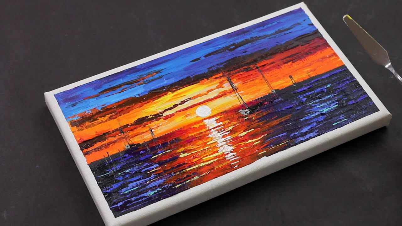 Sunset Painting with palette knife / Acrylic Painting on Canvas Step by Step / Easy / Day #275