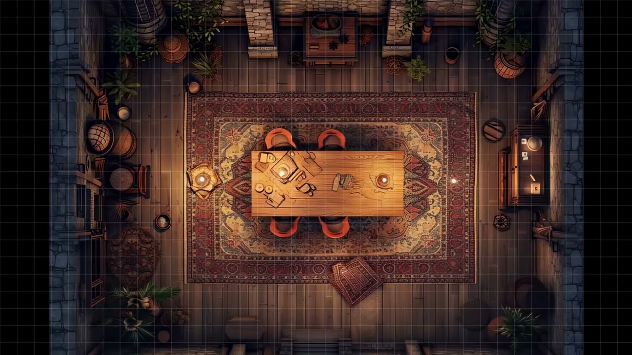 DnD compatible animated map _ Cozy Rustic Room with Oriental Rug _ square grid _ ambience for VTT