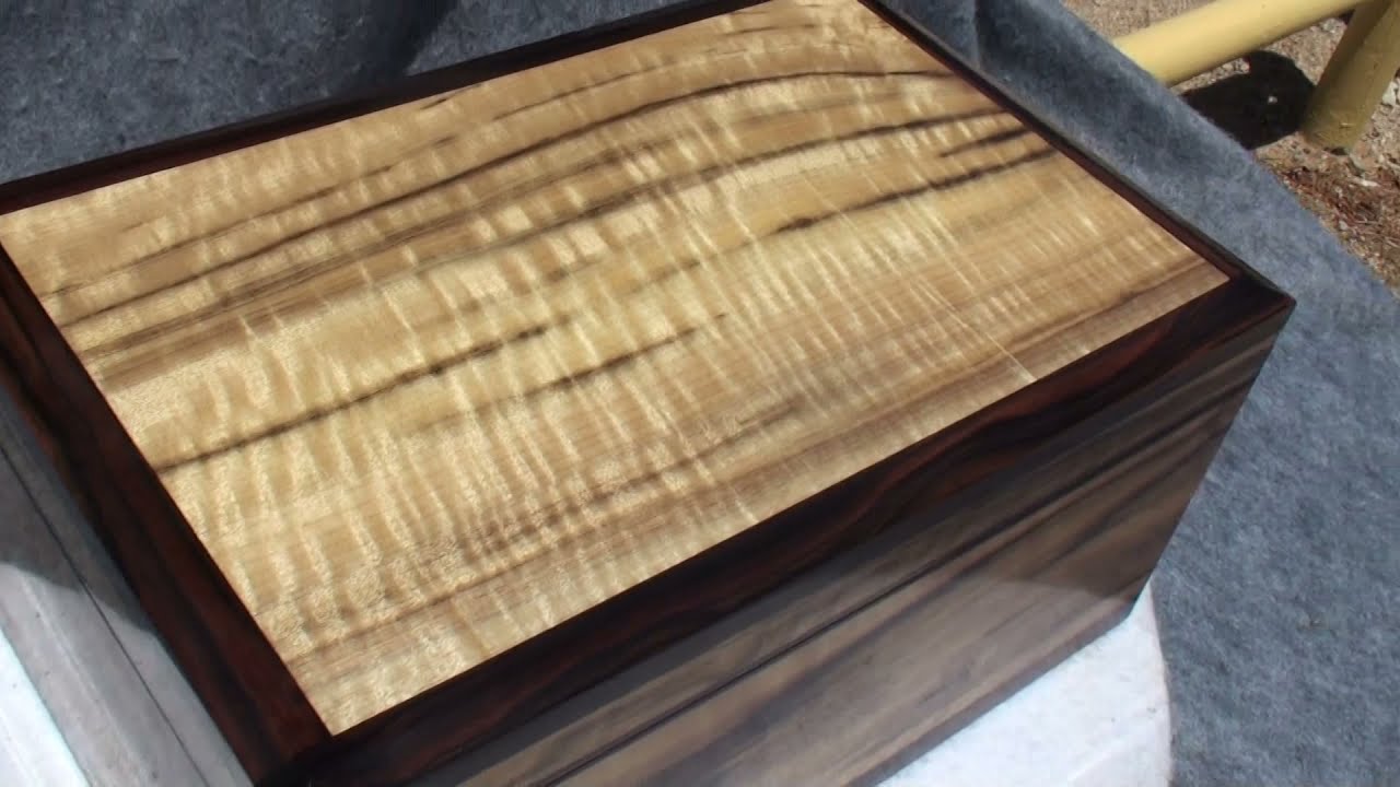 Myrtle wood rare and high figure, Ebony trim and Brusso quadrant hinges. .Keepsake box.