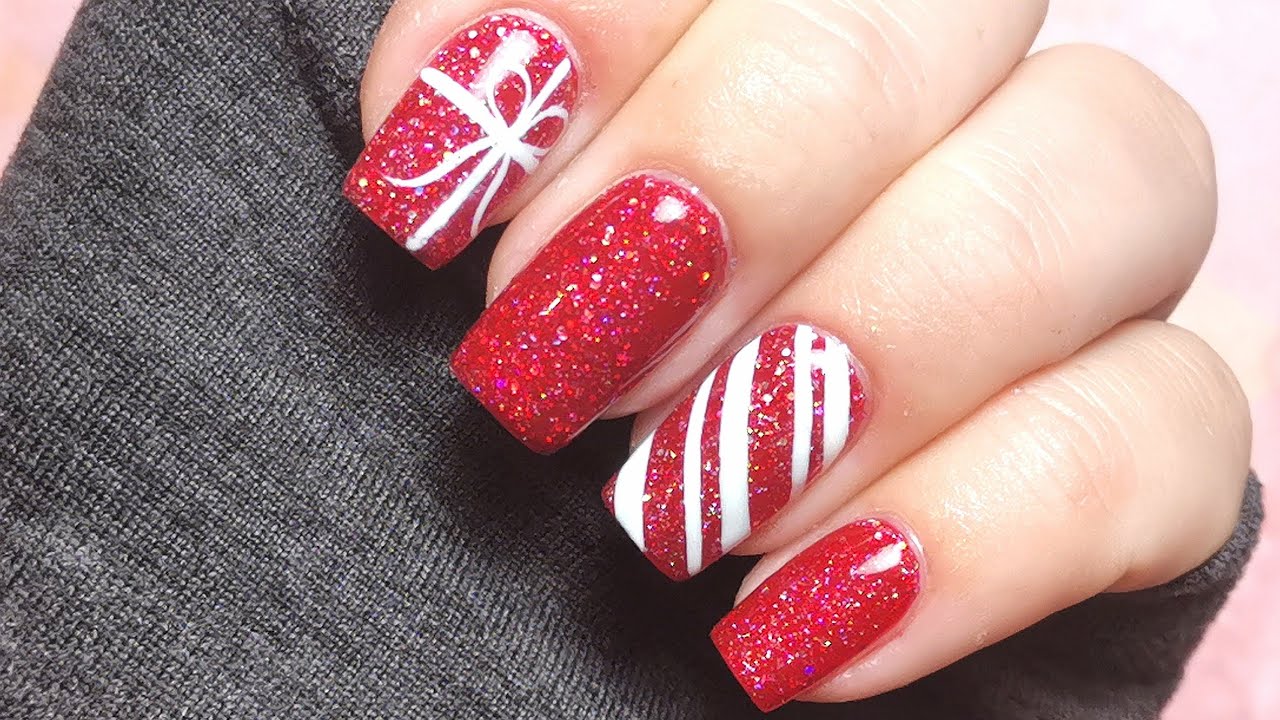 NAIL ART: Present and Candy Cane Christmas Gel Nail Design