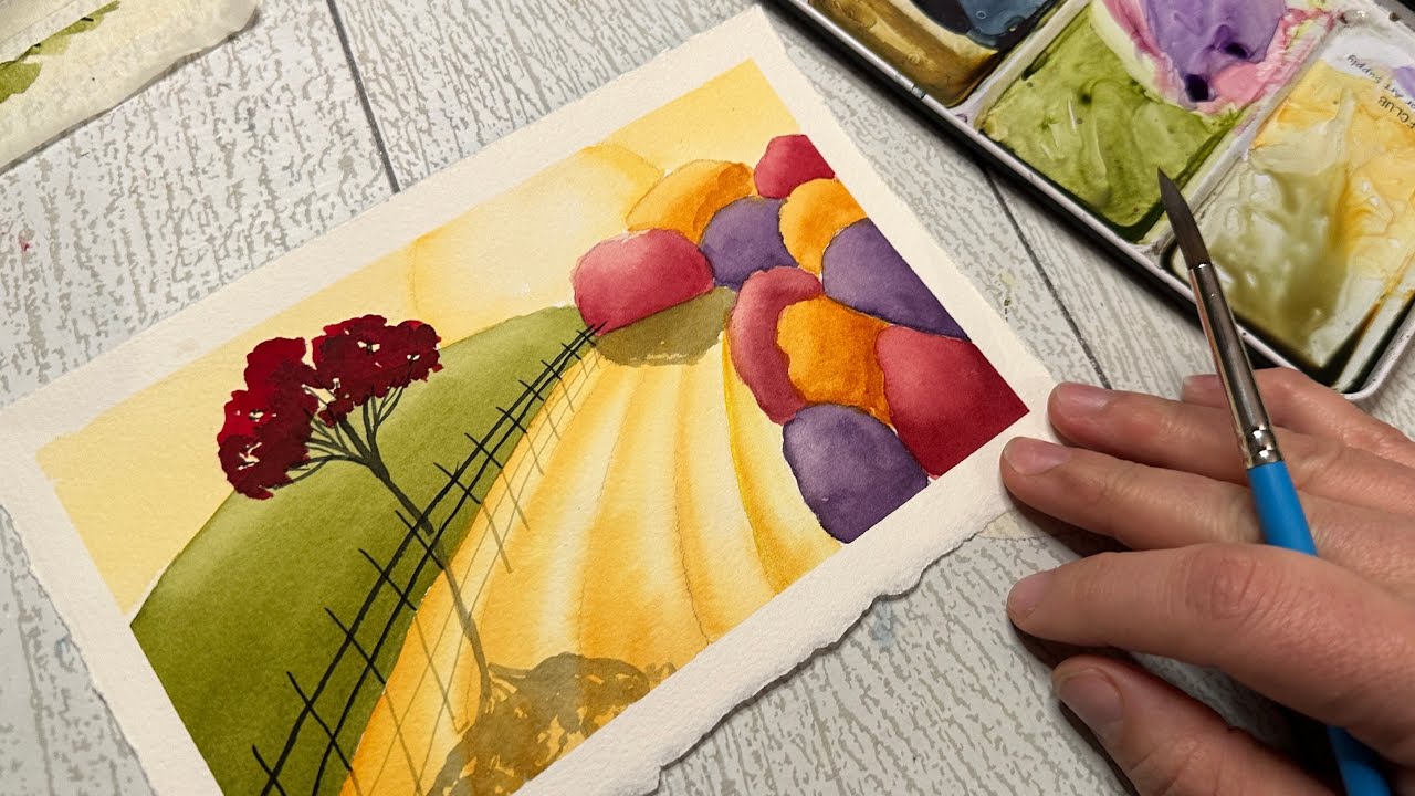 Whimsical Watercolor Farm Field (Folk Art Inspired Landscape)