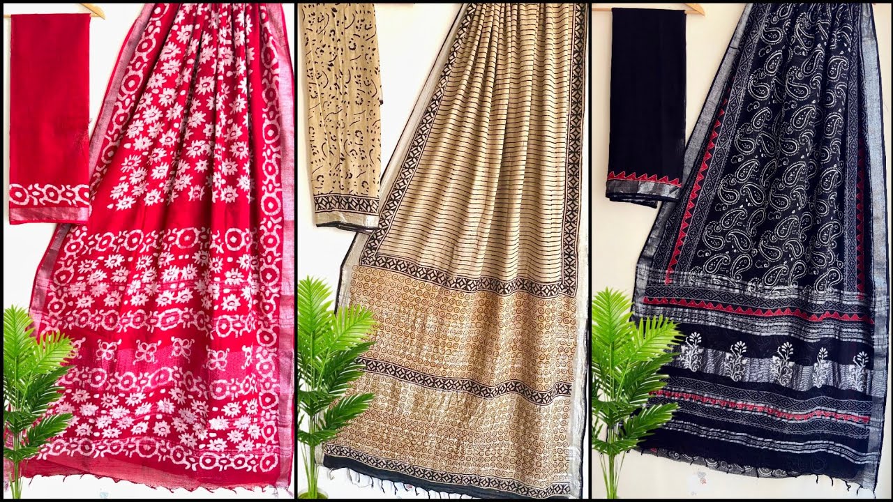 Linen Cotton Sarees | Free Shipping | Bagru Print Linen Cotton Sarees 