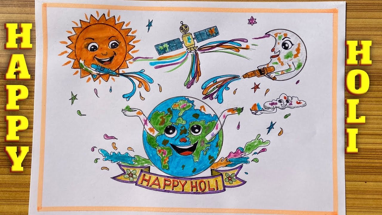 Cute Earth, Moon and Sun Holi Celebration Art | Holi Poster Drawing | Holi Special Drawing |#art
