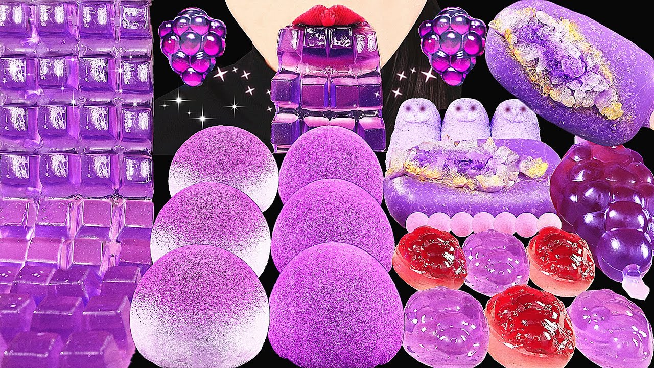 ASMR PURPLE FOOD, HOMEMADE MOCHI, GEODE CAKE POP, EDIBLE KEYBOARD JELLY, PEEPS GUMMY CANDY EATING 먹방